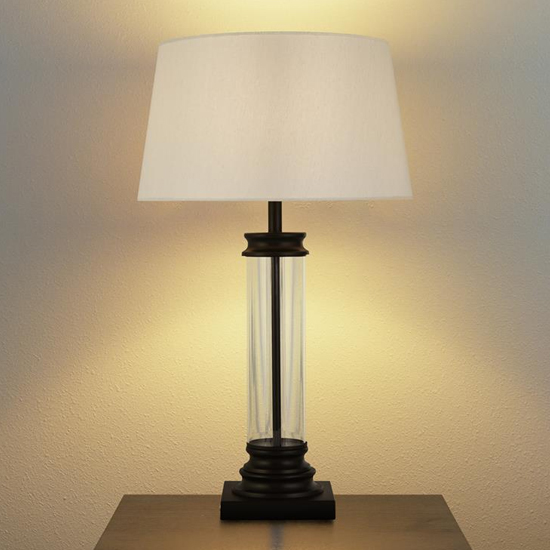 Pedestal Cream Fabric Shade Table Lamp In Black