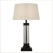 Pedestal Cream Fabric Shade Table Lamp In Black