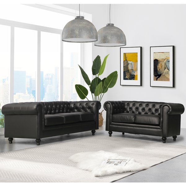 Hertford Faux Leather 3 + 2 Seater Sofa Set In Black