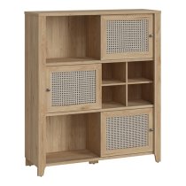 Cicero Highboard With 3 Sliding Door In Oak And Rattan Effect