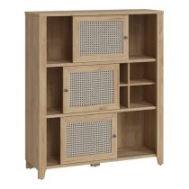 Cicero Highboard With 3 Sliding Door In Oak And Rattan Effect