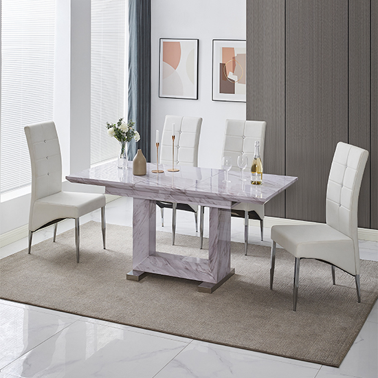 Lorence Extending Grey Dining Table With 6 Vesta White Chairs