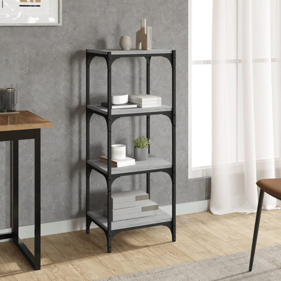 Grove Wooden 4-Tier Bookshelf In Grey Sonoma Oak With Steel Frame