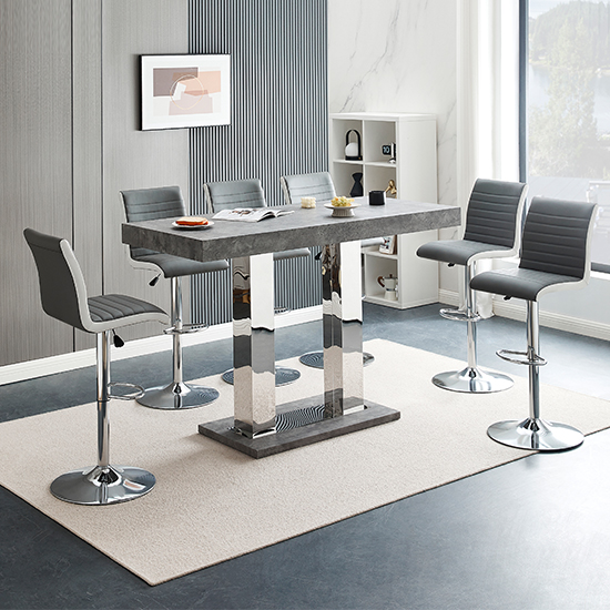 Caprice Large Concrete Effect Bar Table 6 Ritz Grey White Stools