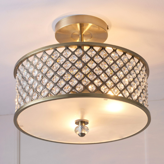 Hobson Crystal Glass Ceiling Light With Antique Brass Frame