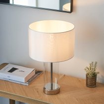 Biloxi Small White Drum Shade Touch Table Lamp In Bright Nickel