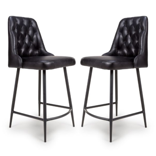 Basel Black Genuine Buffalo Leather Counter Bar Chairs In Pair