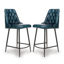 Basel Blue Genuine Buffalo Leather Counter Bar Chairs In Pair