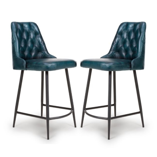 Basel Blue Genuine Buffalo Leather Counter Bar Chairs In Pair