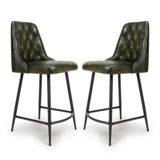 Basel Green Genuine Buffalo Leather Counter Bar Chairs In Pair