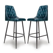 Basel Blue Genuine Buffalo Leather Bar Chairs In Pair