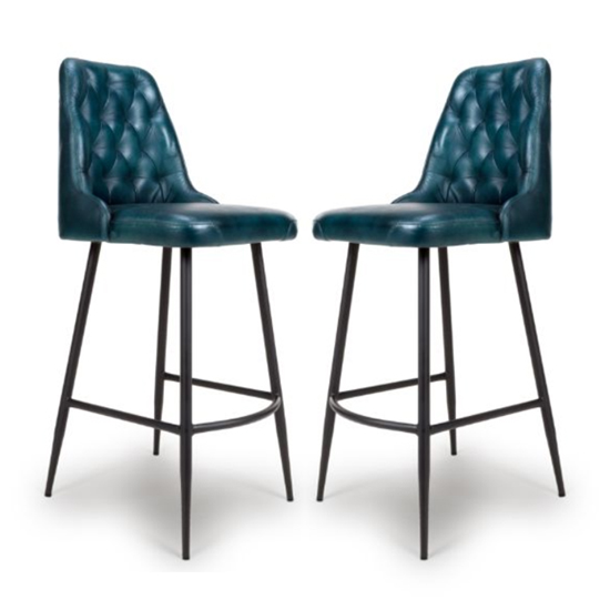 Basel Blue Genuine Buffalo Leather Bar Chairs In Pair