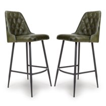 Basel Green Genuine Buffalo Leather Bar Chairs In Pair