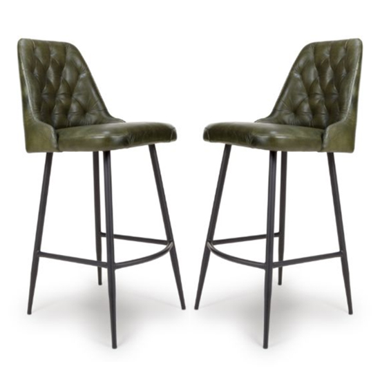 Basel Green Genuine Buffalo Leather Bar Chairs In Pair