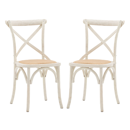 Caria White Wooden Dining Chairs With Rattan Seat In Pair