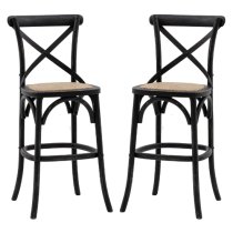 Caria Black Wooden Bar Chairs With Rattan Seat In A Pair