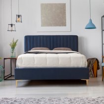 Lenox Velvet Fabric Double Bed In Blue With Gold Metal Legs