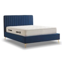 Lenox Velvet Fabric Double Bed In Blue With Gold Metal Legs