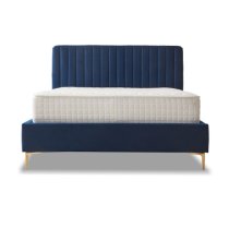 Lenox Velvet Fabric Double Bed In Blue With Gold Metal Legs