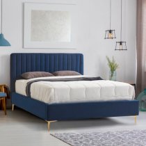 Lenox Velvet Fabric King Size Bed In Blue With Gold Metal Legs