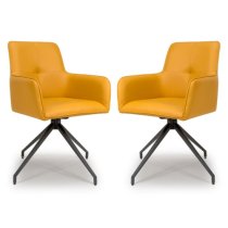 Novato Swivel Ochre Faux Leather Dining Chairs In Pair