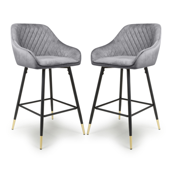 Sedona Grey Velvet Bar Stools With Metal Legs In Pair