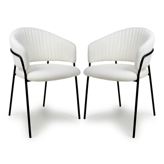 Monza White Boucle Fabric Dining Chairs With Black Legs In Pair