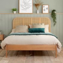 Marot Wooden Double Bed With Rattan Headboard In Oak