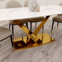 Vernon Polar White Sintered Stone Dining Table With Gold Base