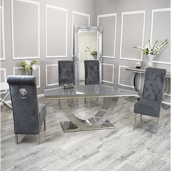 Avon Grey Glass Dining Table With 6 Elmira Dark Grey Chairs