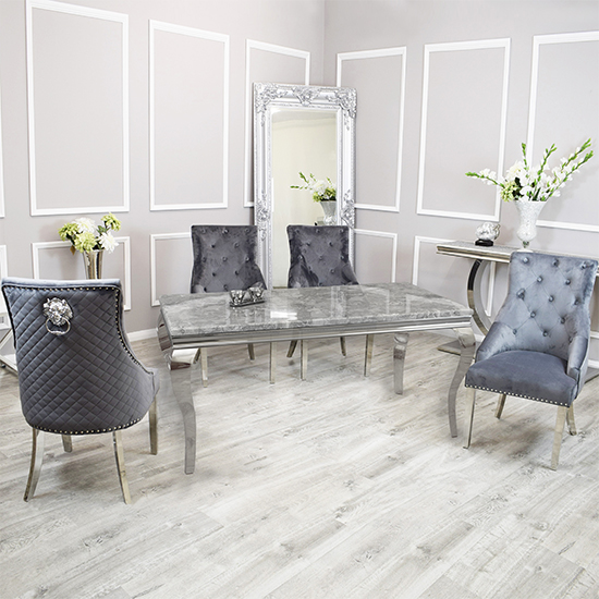 Laval Light Grey Marble Dining Table 8 Benton Dark Grey Chairs