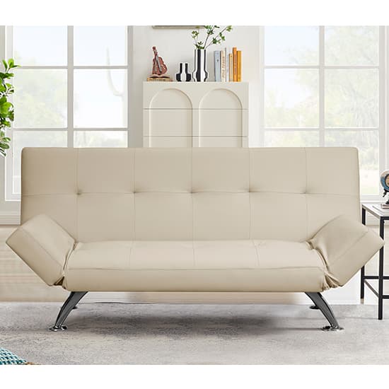 Venice Faux Leather Sofa Bed In Cream With Chrome Metal Legs