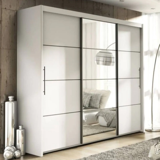 Idaho Mirrored Wardrobe With 3 Sliding Doors In Matt White