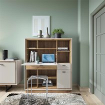 Royse Wooden Bookcase With Fold Out Desk In Grey And Oak