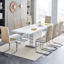 Parini Large Extending White Dining Table 8 Symphony Taupe Chairs