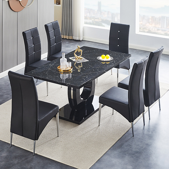 Halo Milano Effect Gloss Dining Table 6 Vesta Black Chairs