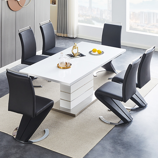 Parini Large Extending White Dining Table 6 Summer Black Chairs