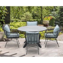 Ezra Grey Teak Dining Table Small Round With 4 Mint Grey Chairs