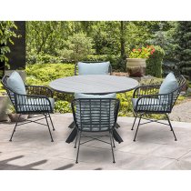 Ezra Grey Teak Dining Table Small Round With 4 Mint Grey Chairs