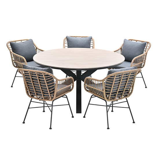 Ezra Light Teak Dining Table Large Round 6 Mystic Grey Chairs