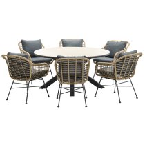 Ezra Light Teak Dining Table Large Round 6 Mystic Grey Chairs