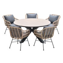 Ezra Light Teak Dining Table Large Round 6 Mystic Grey Chairs