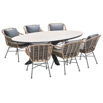 Ezra Light Teak Dining Table Small Oval 6 Mystic Grey Chairs