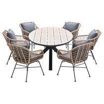 Ezra Light Teak Dining Table Small Oval 6 Mystic Grey Chairs