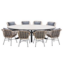 Ezra Light Teak Dining Table Large Oval 8 Mystic Grey Chairs