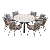 Ezra Light Teak Dining Table Large Oval 8 Mystic Grey Chairs