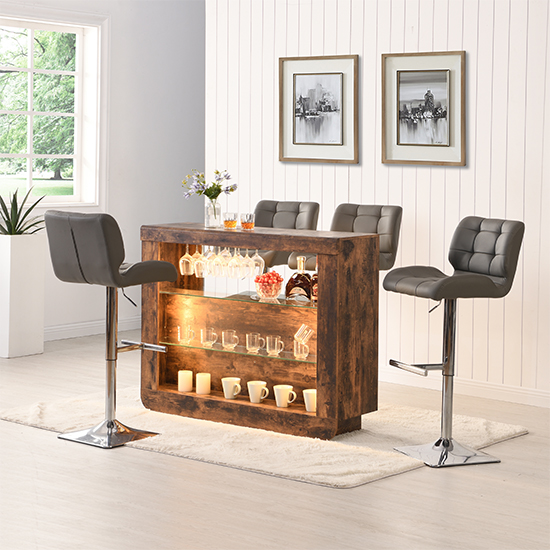 Fiesta Rustic Oak Bar Table Unit With 4 Candid Grey Stools